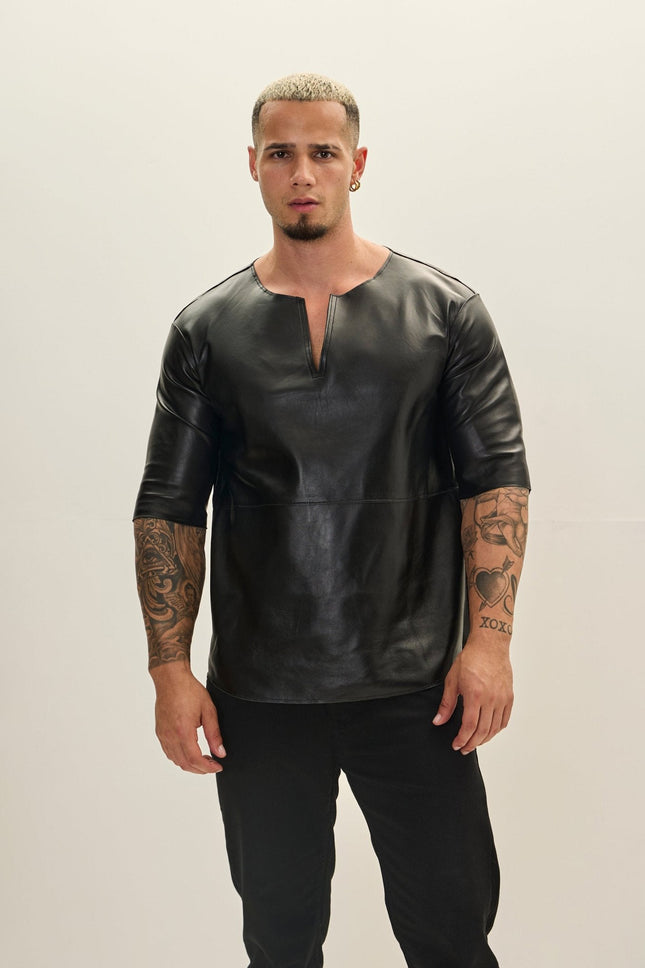 Men's Lambskin Leather Three-Quarter-Sleeve Shirt - Black | Ron Tomson