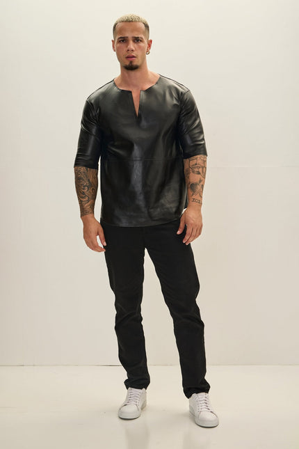 Men's Lambskin Leather Three-Quarter-Sleeve Shirt - Black | Ron Tomson