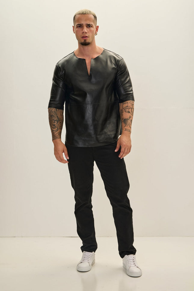Men's Lambskin Leather Three-Quarter-Sleeve Shirt - Black | Ron Tomson
