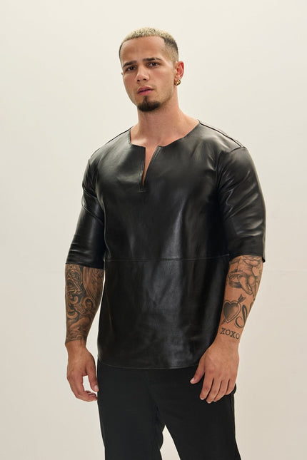 Men's Lambskin Leather Three-Quarter-Sleeve Shirt - Black | Ron Tomson