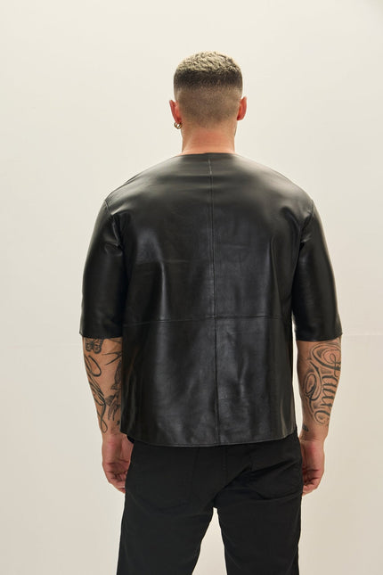 Men's Lambskin Leather Three-Quarter-Sleeve Shirt - Black | Ron Tomson