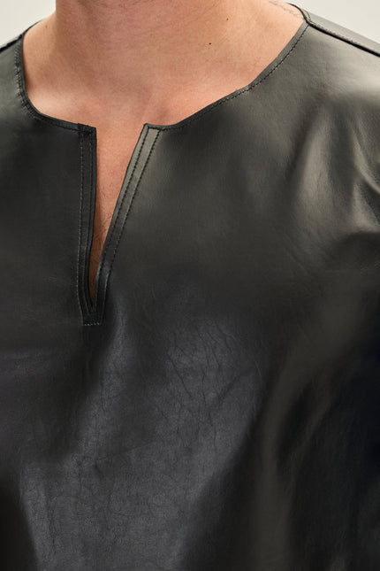 Men's Lambskin Leather Three-Quarter-Sleeve Shirt - Black | Ron Tomson