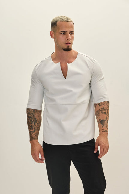 Men's Lambskin V-Neck Leather Shirt - White | Ron Tomson