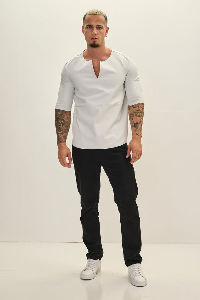 Men's Lambskin V-Neck Leather Shirt - White | Ron Tomson