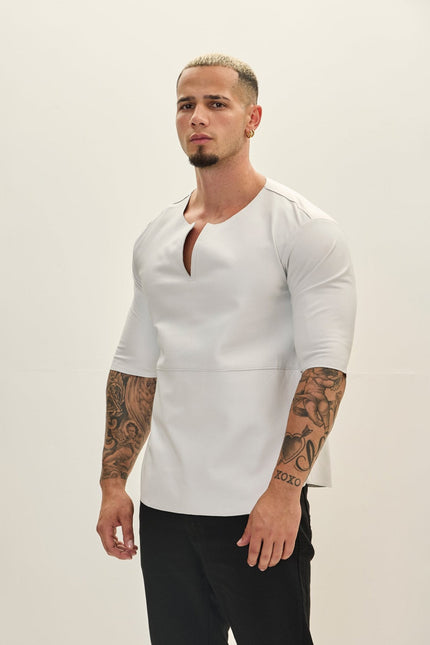 Men's Lambskin V-Neck Leather Shirt - White | Ron Tomson