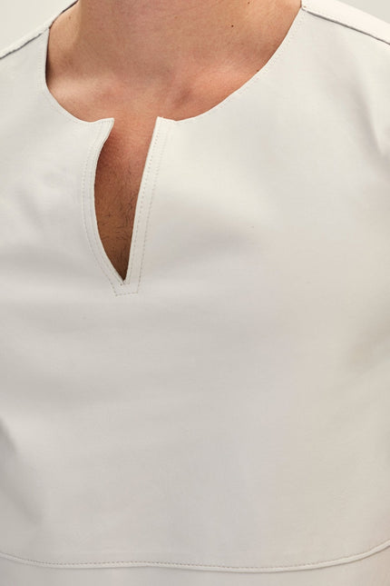 Men's Lambskin V-Neck Leather Shirt - White | Ron Tomson