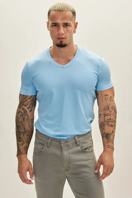 Men's V-Neck Fitted Top - Blue | Ron Tomson