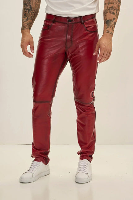 Men's Lambskin Leather Pants - Red Tint | Ron Tomson