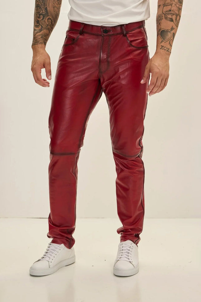 Men's Lambskin Leather Pants - Red Tint | Ron Tomson