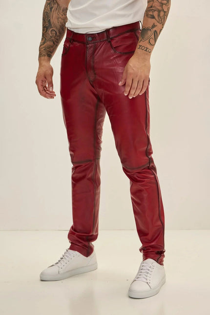 Men's Lambskin Leather Pants - Red Tint | Ron Tomson