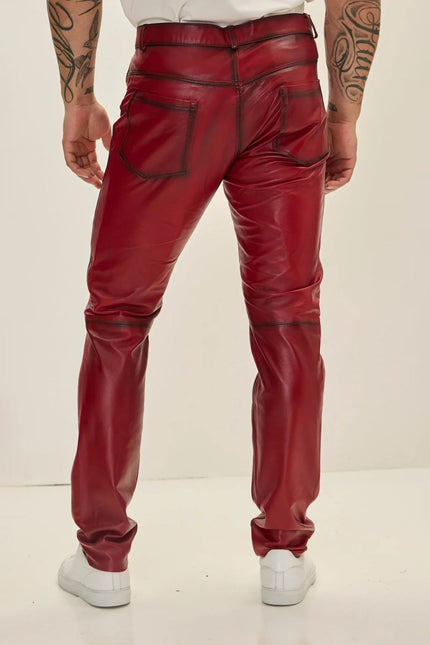 Men's Lambskin Leather Pants - Red Tint | Ron Tomson