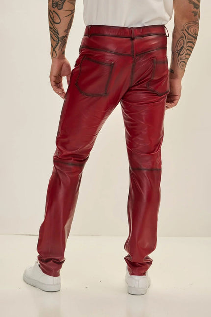 Men's Lambskin Leather Pants - Red Tint | Ron Tomson