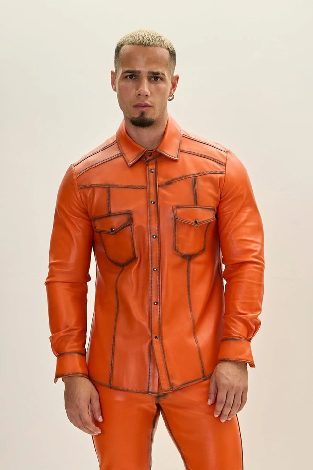 Men's Lambskin Leather Shirt - Orange Tint | Ron Tomson