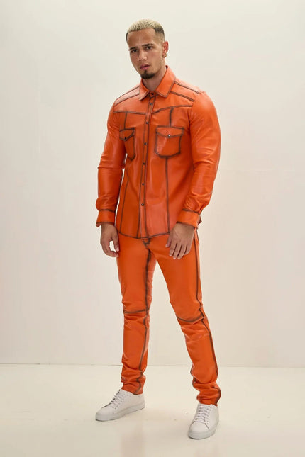 Men's Lambskin Leather Shirt - Orange Tint | Ron Tomson