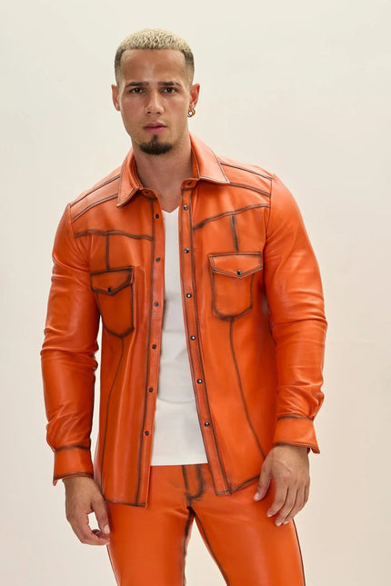 Men's Lambskin Leather Shirt - Orange Tint | Ron Tomson