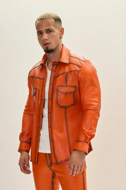 Men's Lambskin Leather Shirt - Orange Tint | Ron Tomson