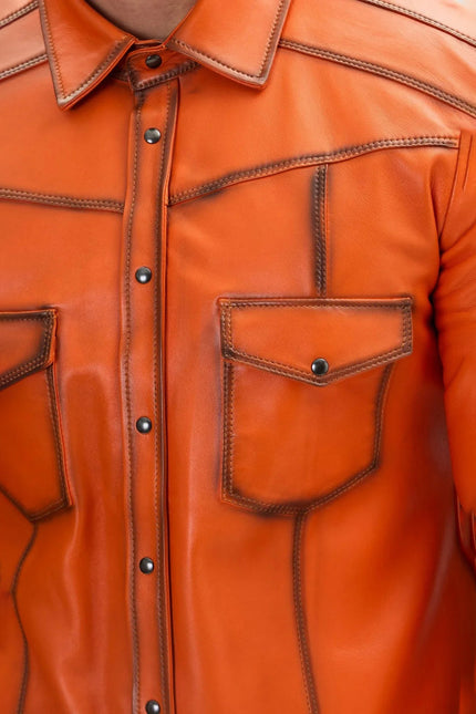 Men's Lambskin Leather Shirt - Orange Tint | Ron Tomson
