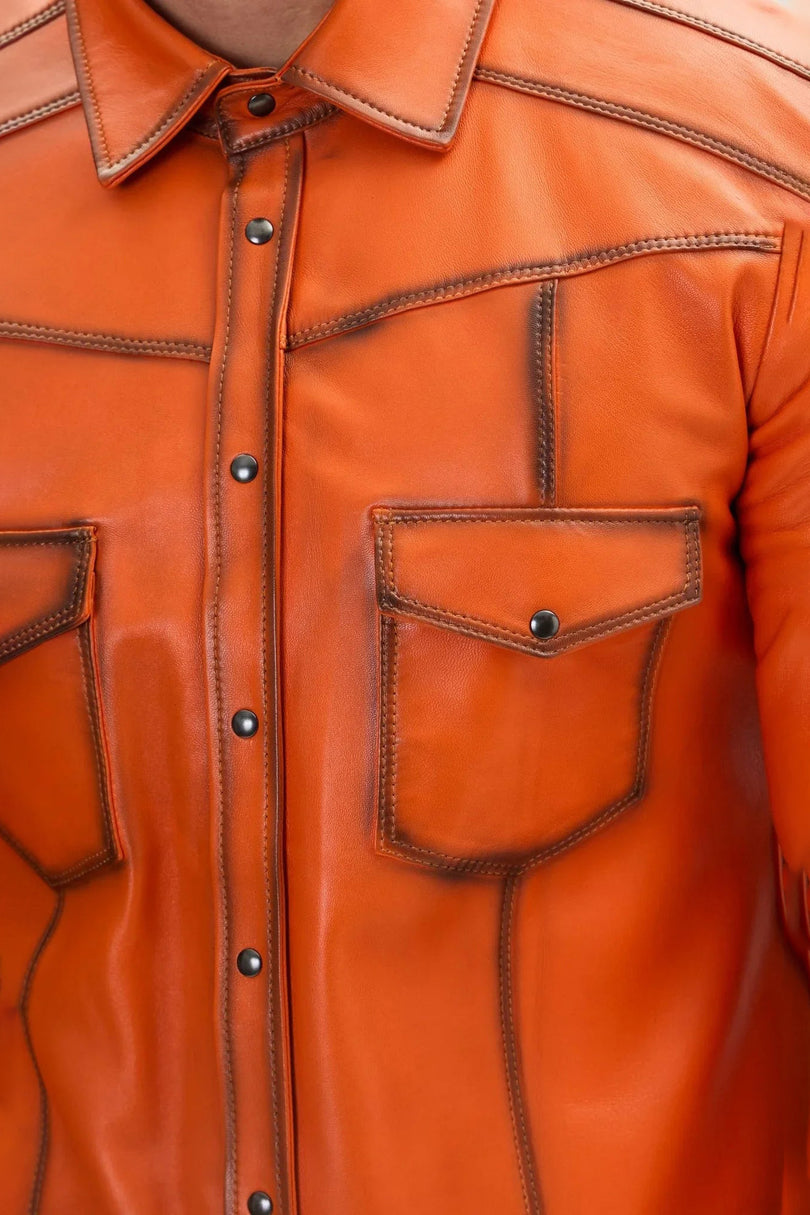 Men's Lambskin Leather Shirt - Orange Tint | Ron Tomson