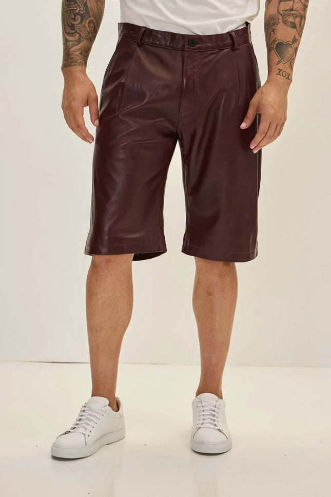 Men's Lambskin Leather Shorts - Burgundy | Ron Tomson