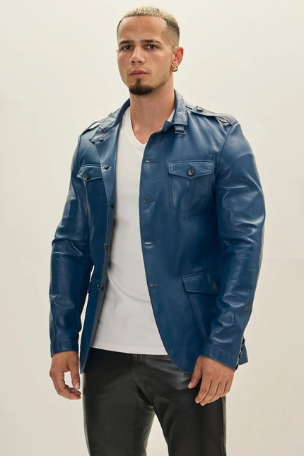Men's Leather Safari Jacket - Blue | Ron Tomson