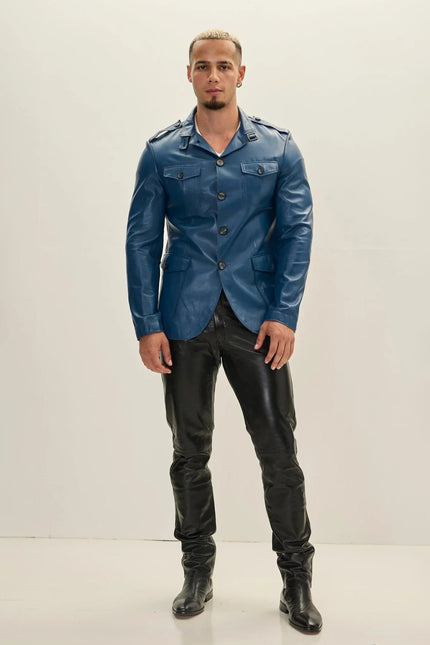 Men's Leather Safari Jacket - Blue | Ron Tomson