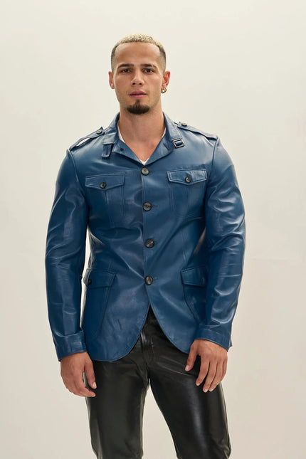 Men's Leather Safari Jacket - Blue | Ron Tomson
