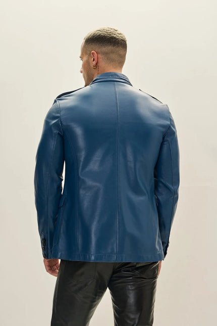 Men's Leather Safari Jacket - Blue | Ron Tomson