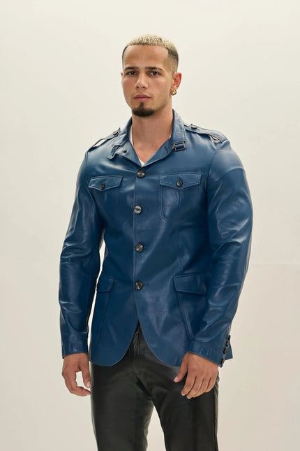 Men's Leather Safari Jacket - Blue | Ron Tomson