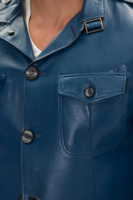 Men's Leather Safari Jacket - Blue | Ron Tomson