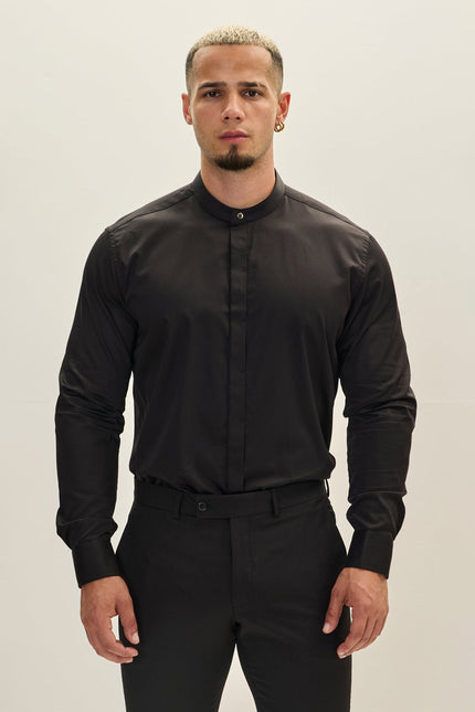 Men's Mandarin Collar Dress Shirt - Black | Ron Tomson