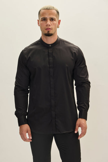 Men's Mandarin Collar Dress Shirt - Black | Ron Tomson