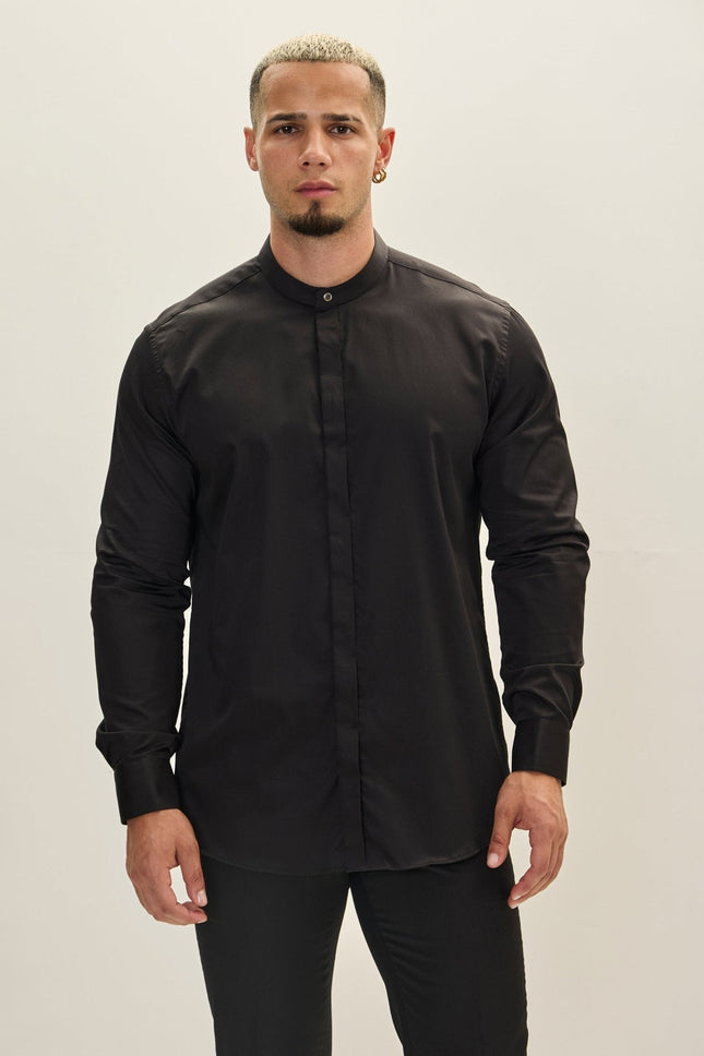 Men's Mandarin Collar Dress Shirt - Black | Ron Tomson