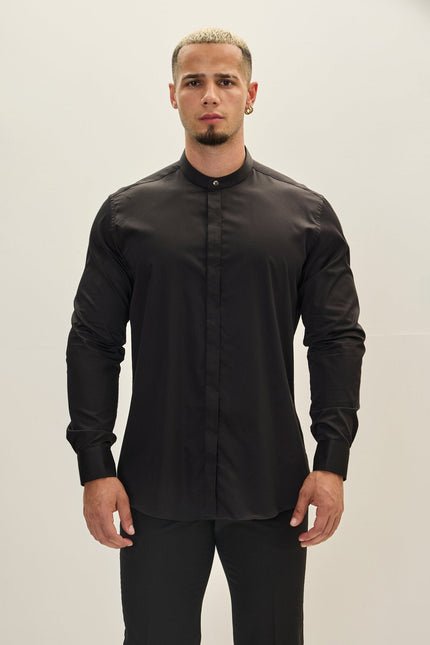 Men's Mandarin Collar Dress Shirt - Black | Ron Tomson