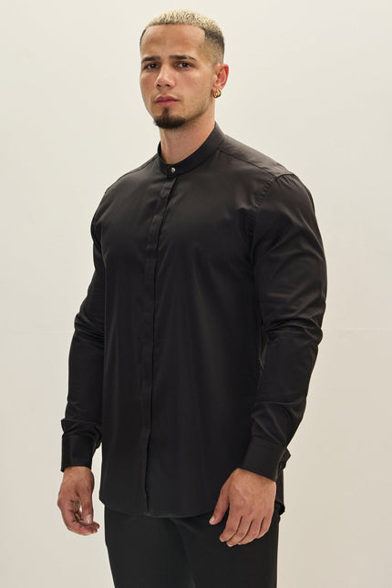 Men's Mandarin Collar Dress Shirt - Black | Ron Tomson