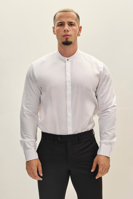 Men's Mandarin Collar Dress Shirt - White | Ron Tomson