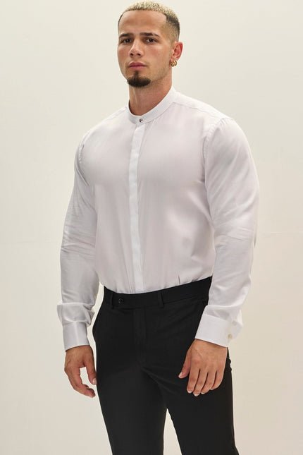 Men's Mandarin Collar Dress Shirt - White | Ron Tomson