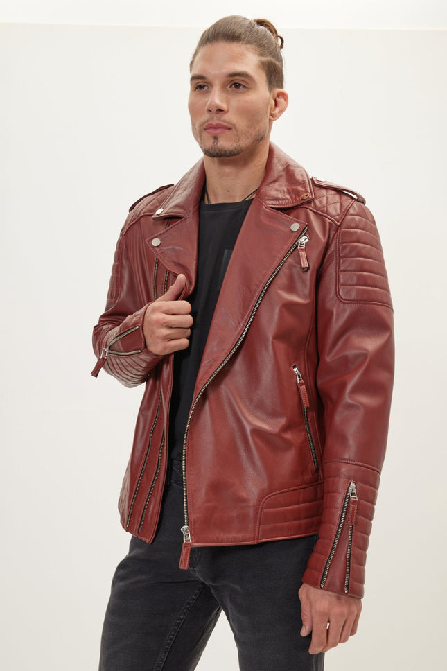 Men's Falcon Quilted Leather Moto Jacket - Brick | Ron Tomson