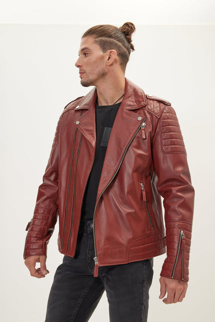 Men's Falcon Quilted Leather Moto Jacket - Brick | Ron Tomson