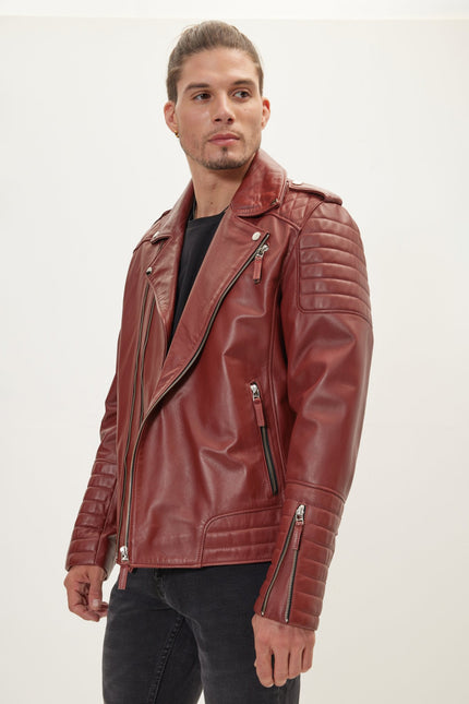 Men's Falcon Quilted Leather Moto Jacket - Brick | Ron Tomson