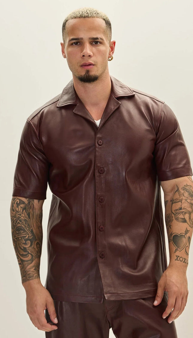 Men's Short-Sleeve Lambskin Leather Shirt Jacket - Burgundy | Ron Tomson Burgundy / 6XL (52 US) Men's Short-Sleeve Lambskin Leather Shirt Jacket - Burgundy | Ron Tomson Burgundy / 6XL (52 US)
