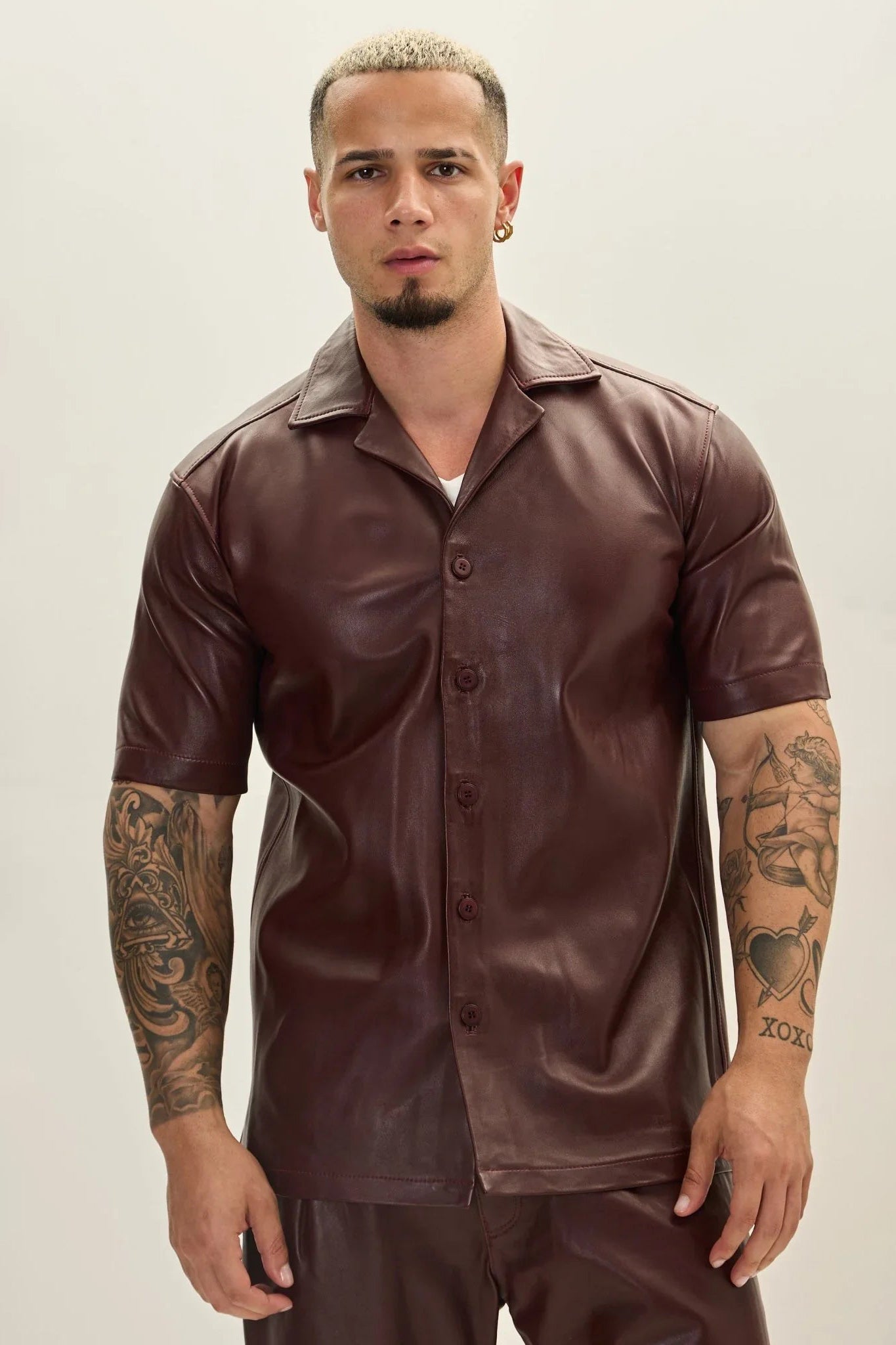 Men's Short-Sleeve Lambskin Leather Shirt Jacket - Burgundy Men's Short-Sleeve Lambskin Leather Shirt Jacket - Burgundy