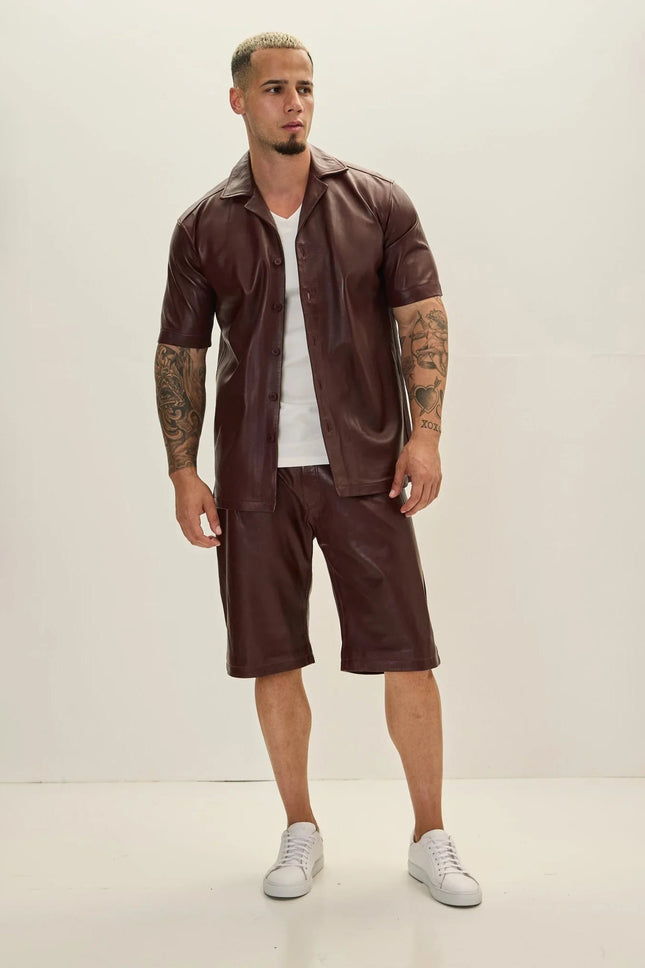 Men's Short-Sleeve Lambskin Leather Shirt - Burgundy | Ron Tomson