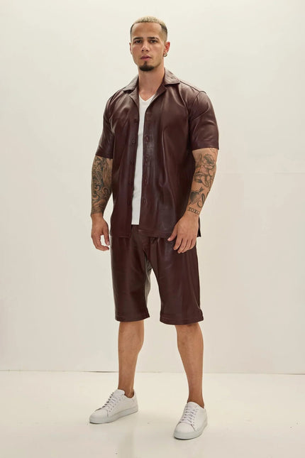 Men's Short-Sleeve Lambskin Leather Shirt - Burgundy | Ron Tomson