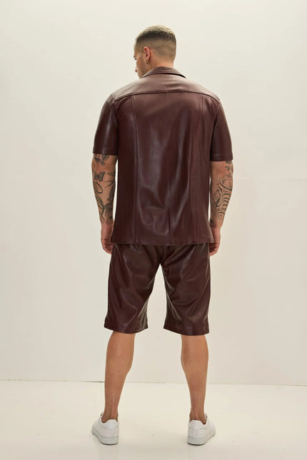Men's Short-Sleeve Lambskin Leather Shirt - Burgundy | Ron Tomson