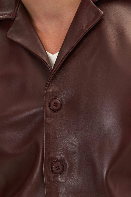 Men's Short-Sleeve Lambskin Leather Shirt - Burgundy | Ron Tomson