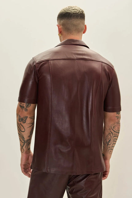 Men's Short-Sleeve Lambskin Leather Shirt - Burgundy | Ron Tomson