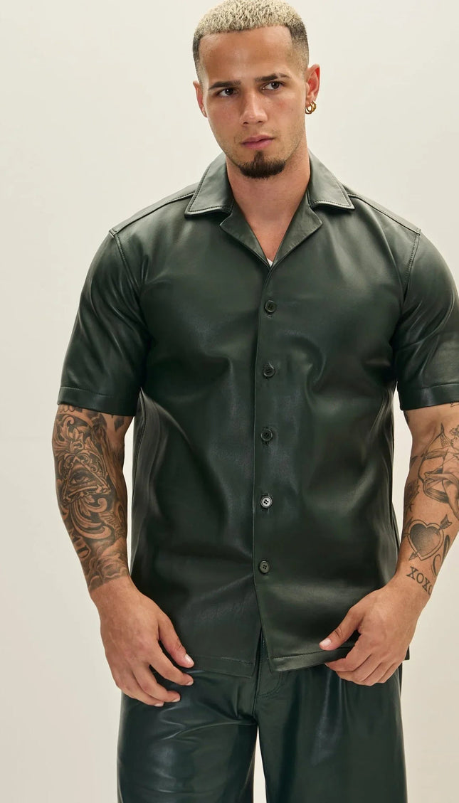 Short-Sleeve Leather Shirt Jacket - Olive Short-Sleeve Leather Shirt Jacket - Olive