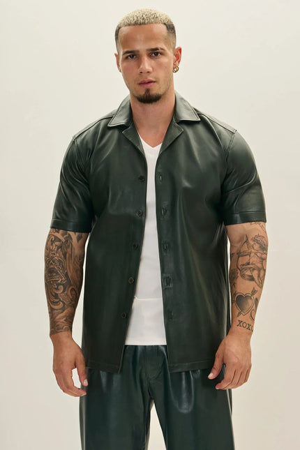 Men's Short-Sleeve Lambskin Leather Shirt - Olive | Ron Tomson