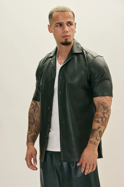 Men's Short-Sleeve Lambskin Leather Shirt - Olive | Ron Tomson