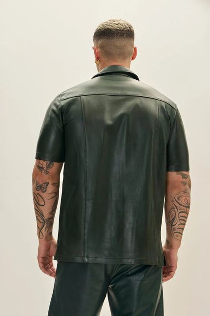 Men's Short-Sleeve Lambskin Leather Shirt - Olive | Ron Tomson